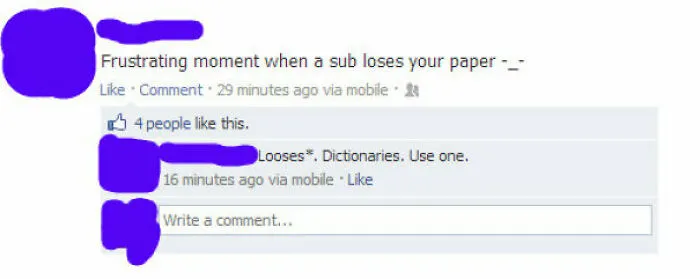 A Facebook post with a typo, stating a sub looses a paper instead of loses, showing how some people are so dumb with spelling.