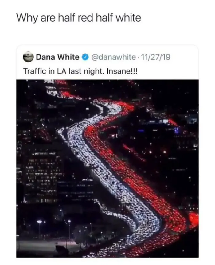 An aerial view of an LA freeway at night, showcasing half red taillights and half white headlights, making people wonder how they survive this dumb traffic.