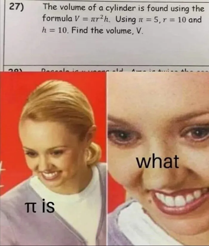 A meme featuring a woman's changing expression, depicting the confusion of dumb math with pi.