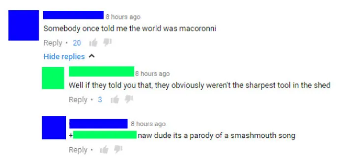 A comment section where one person thinks the world is macaroni, showcasing dumb people.