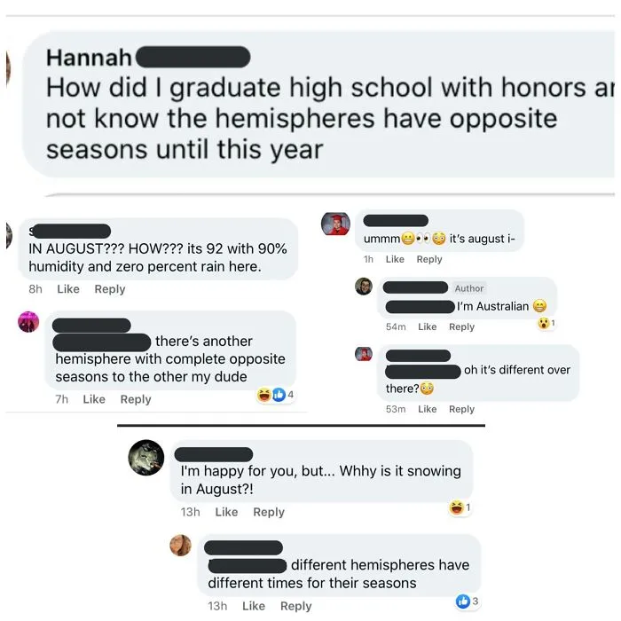 A social media post with comments showing someone confused about opposite seasons, displaying dumb people.
