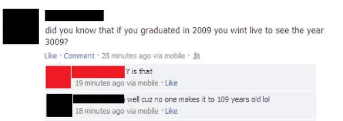 A Facebook conversation where someone makes a dumb comment about life expectancy and graduation year.
