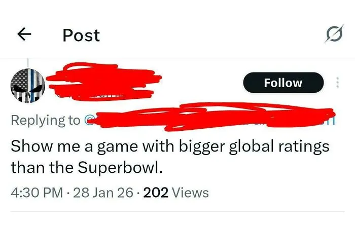 A social media post questioning Super Bowl global ratings, illustrating people so dumb.