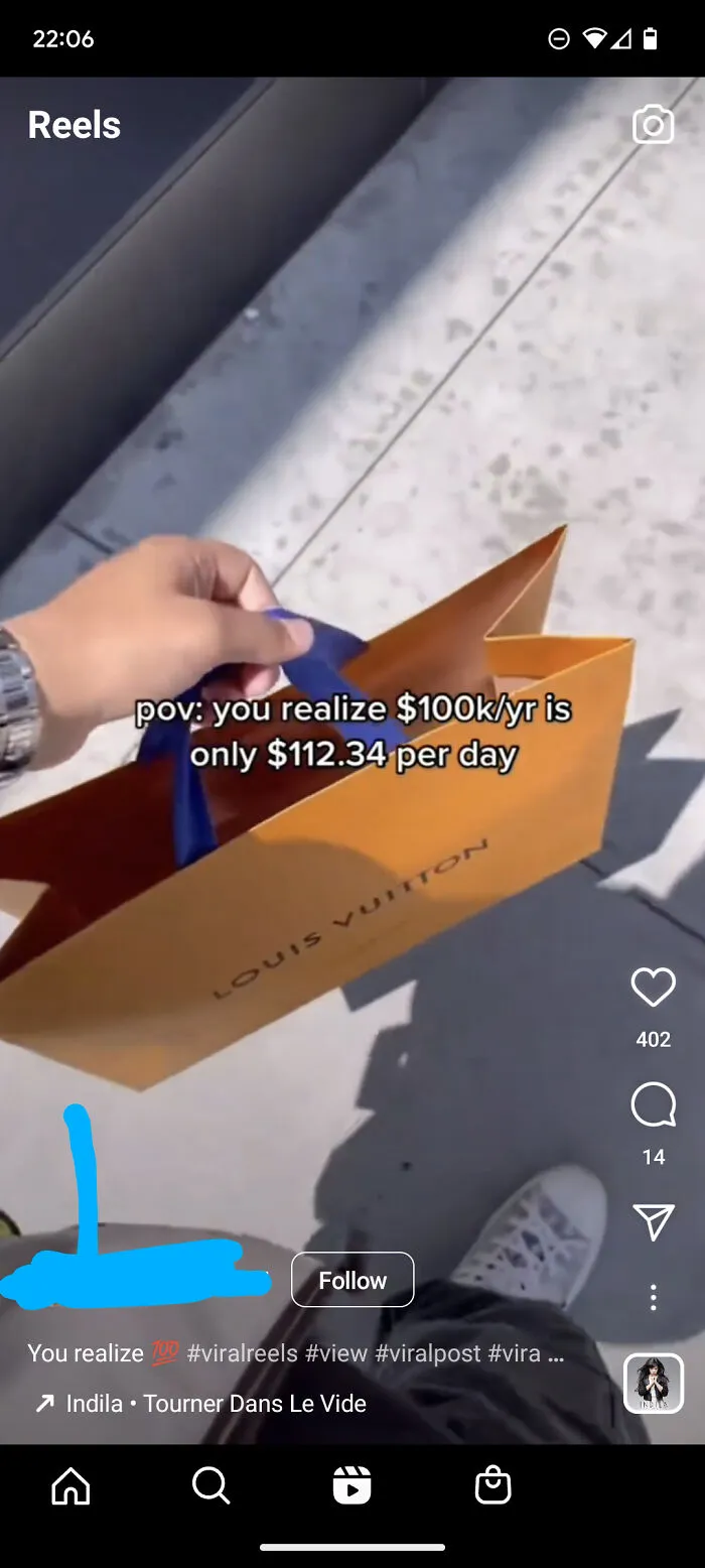 A person holding a Louis Vuitton bag with a text overlay about $100k/yr being $112.34/day, an example of people so dumb.