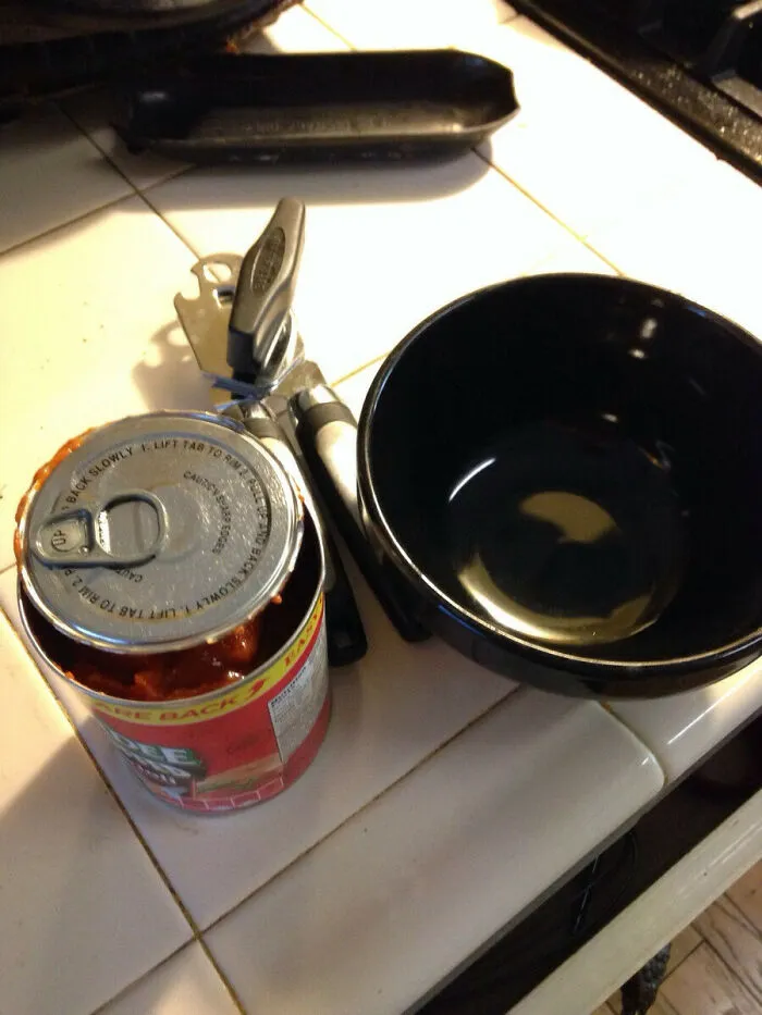 A person trying to open a can of beans with a can opener on the bottom, a clear example of dumb.