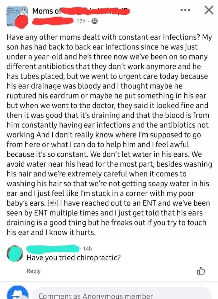 A mom in a parenting group discusses her son's constant ear infections and struggles with traditional medicine, exposing themselves.