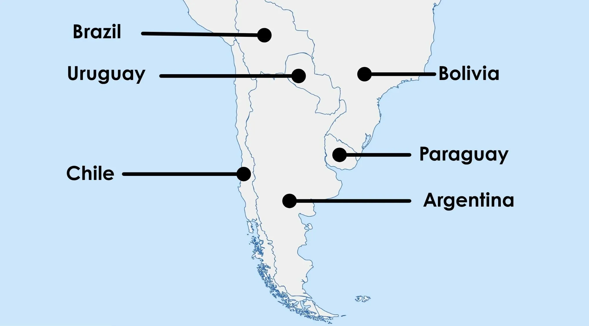 South America map with countries like Brazil, Uruguay, Chile, Bolivia, Paraguay, and Argentina labeled.