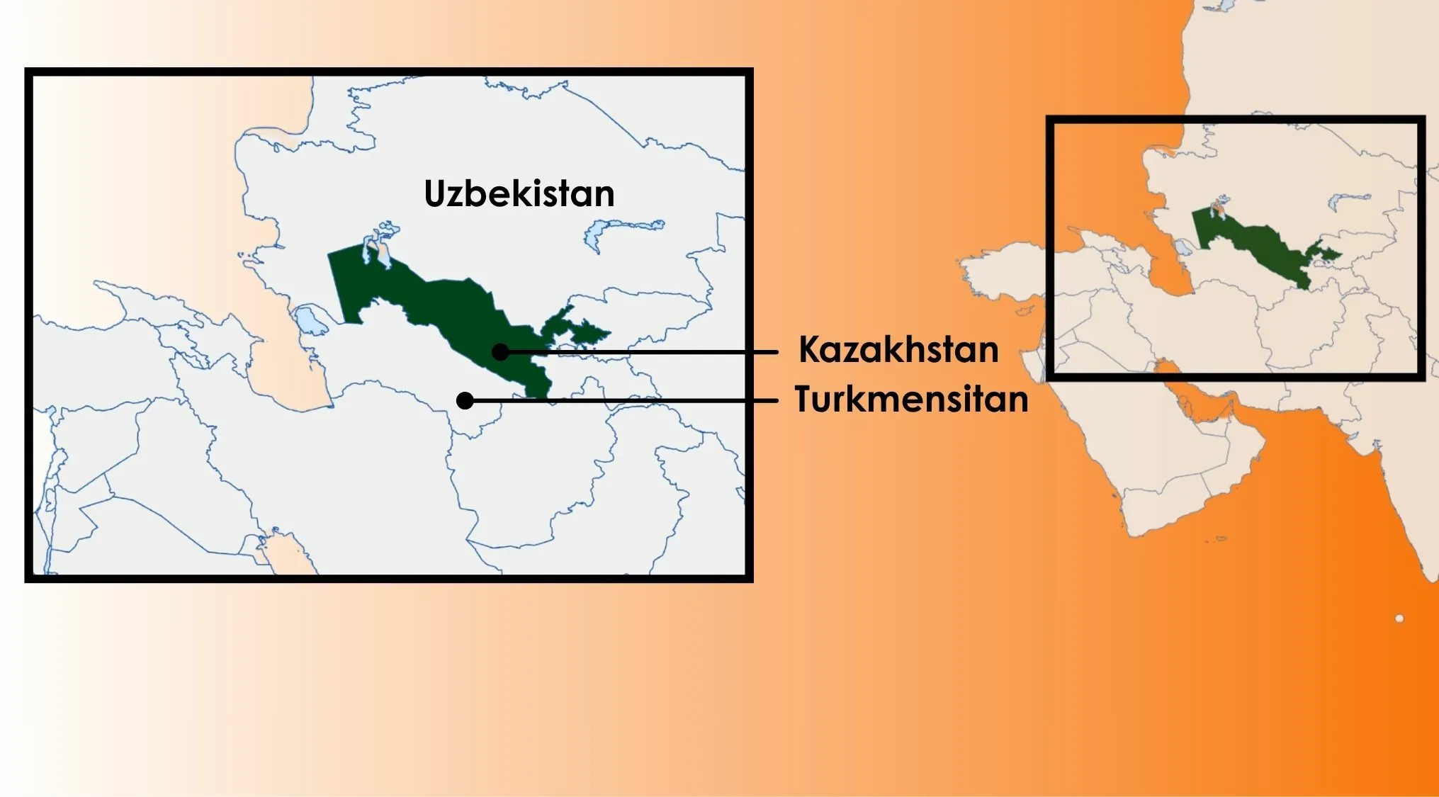 A map of Uzbekistan, Kazakhstan, and Turkmenistan with a highlighted country for a geography minefield and accurate statements.
