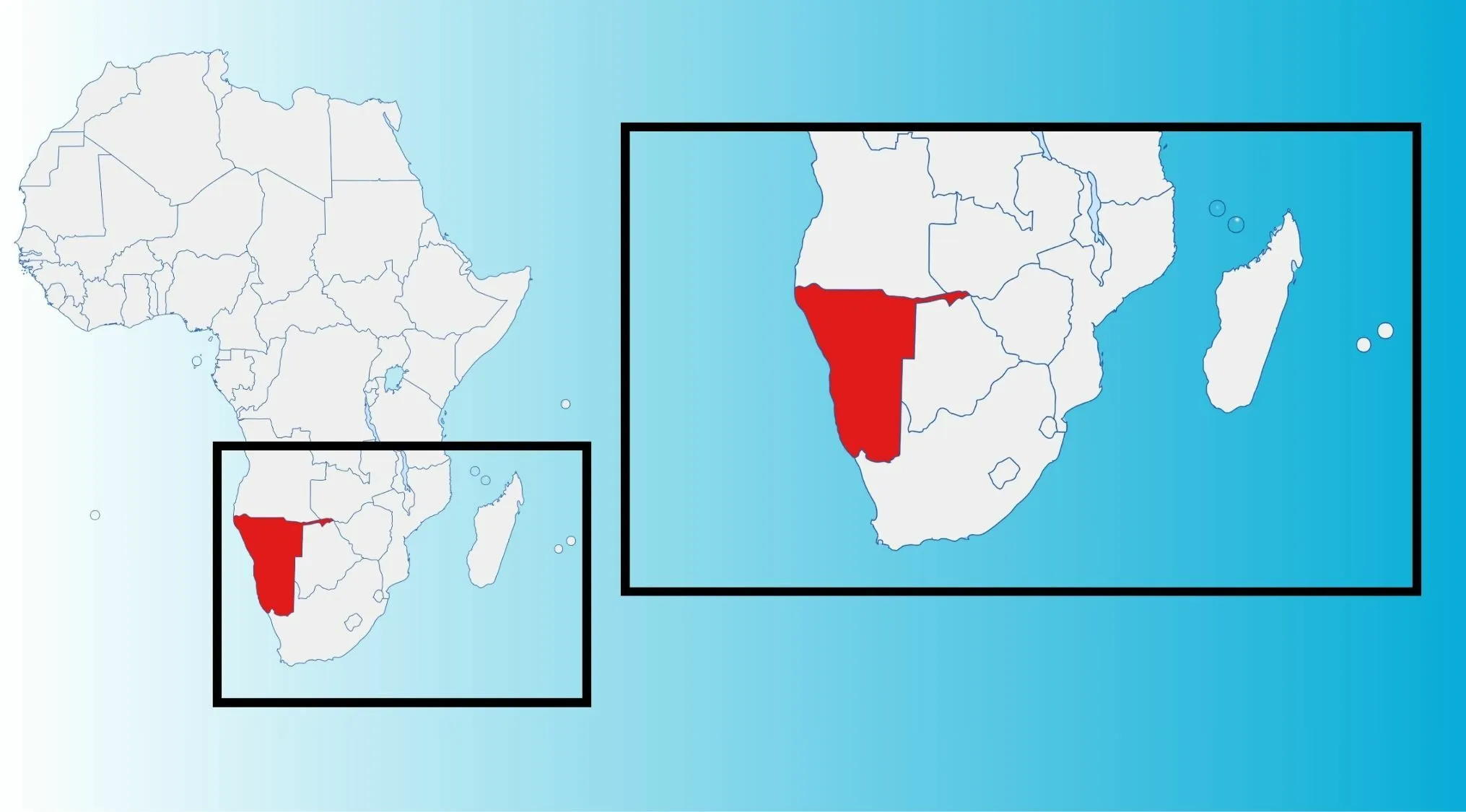 A map of Africa with Namibia highlighted in red, zoomed in for a geography minefield and picking the correct statement.