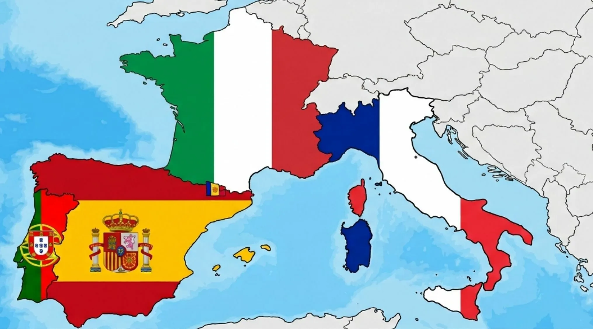A map of Europe with flags overlaid on Italy, France, Spain, and Portugal, for a geography minefield checking map correctness.