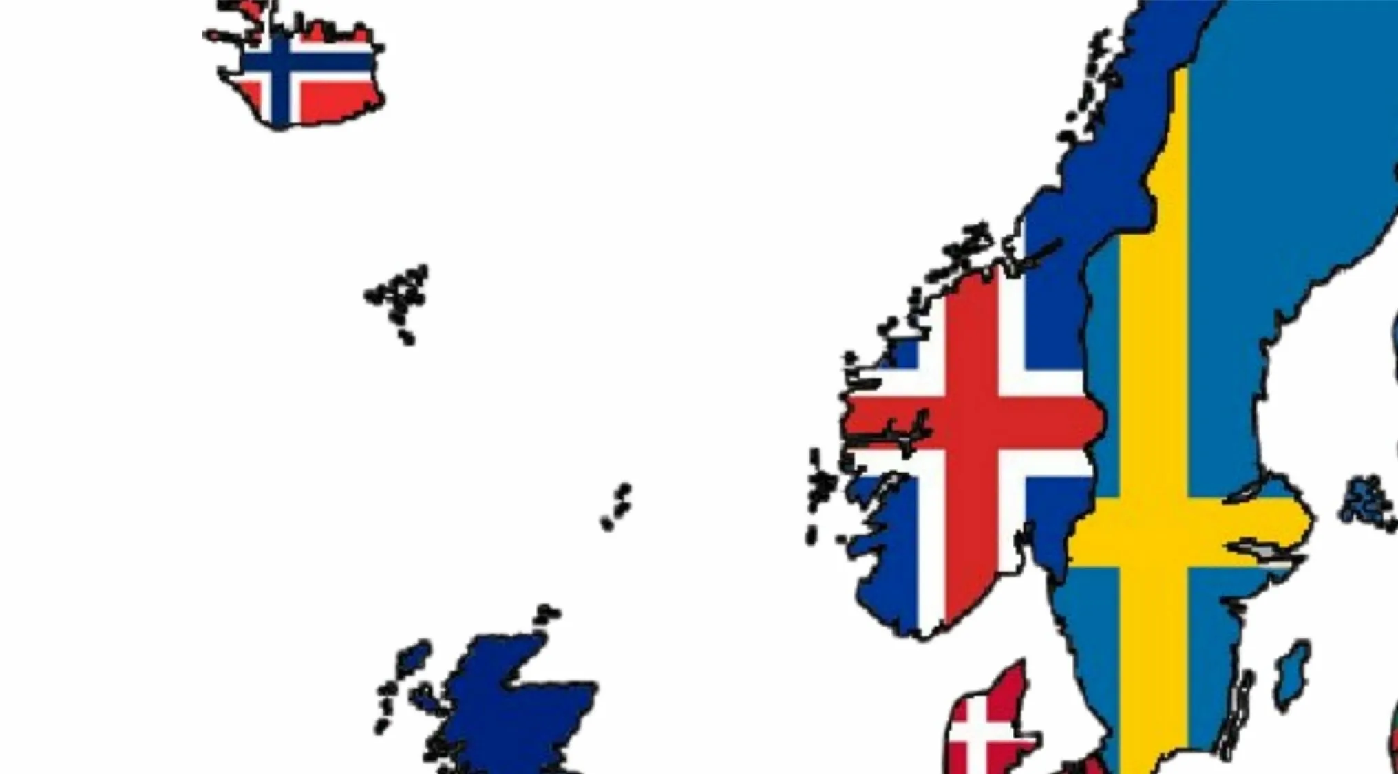 Map of Scandinavia and Iceland with incorrect flag placements. Geography Minefield map error.