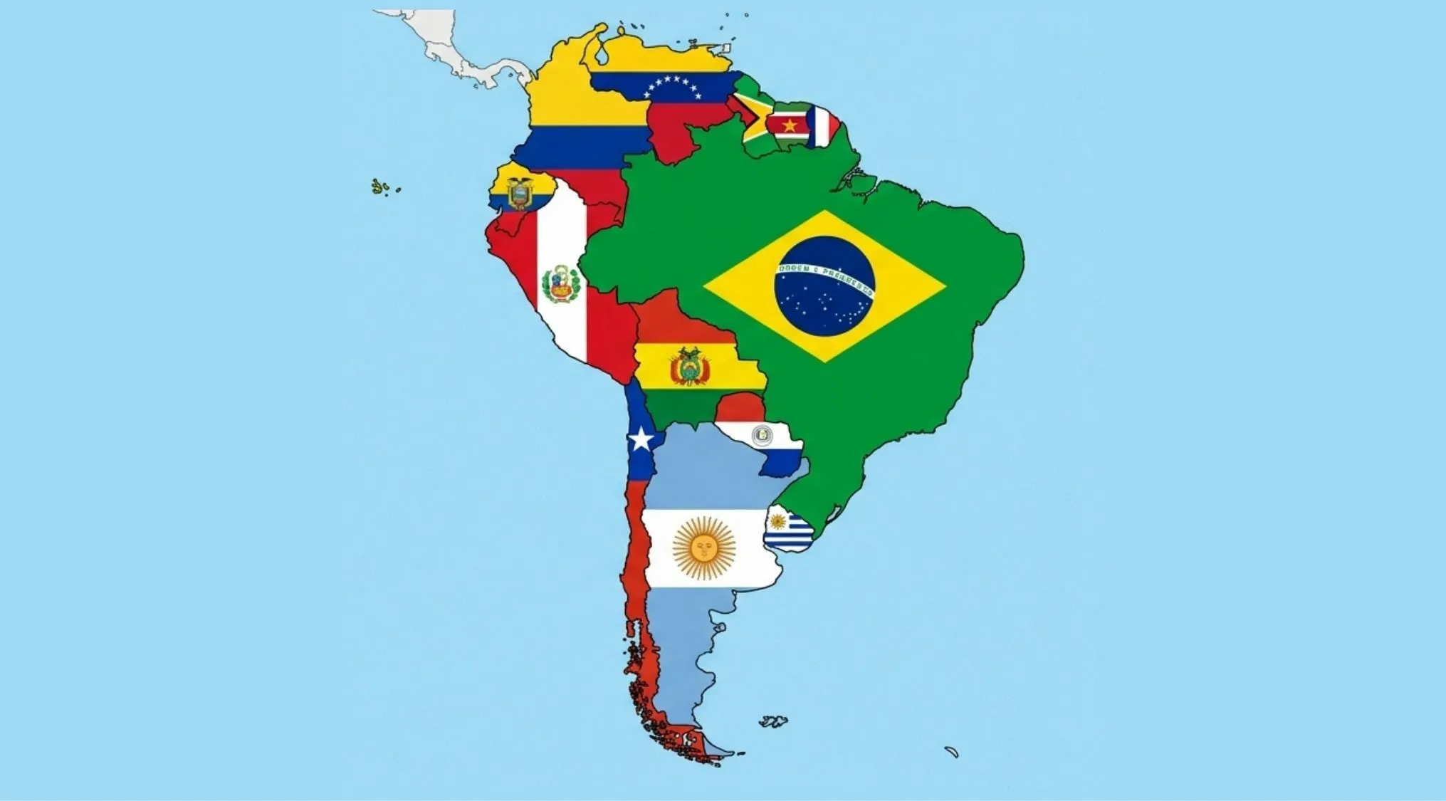 Political map of South America with flags of its countries. Geography Minefield map error.