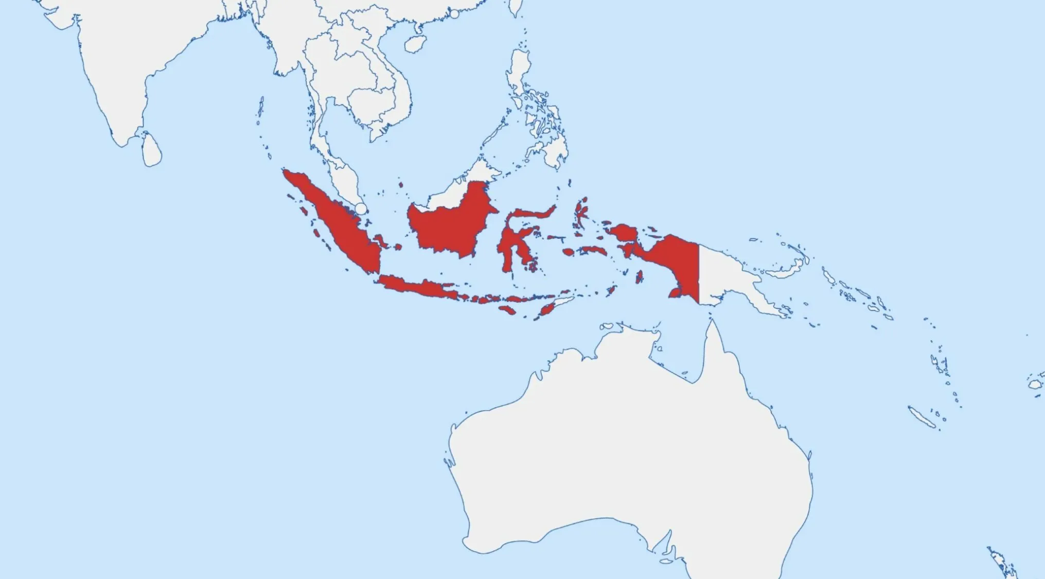 Map of Southeast Asia with Indonesia highlighted in red. Geography Minefield map error.