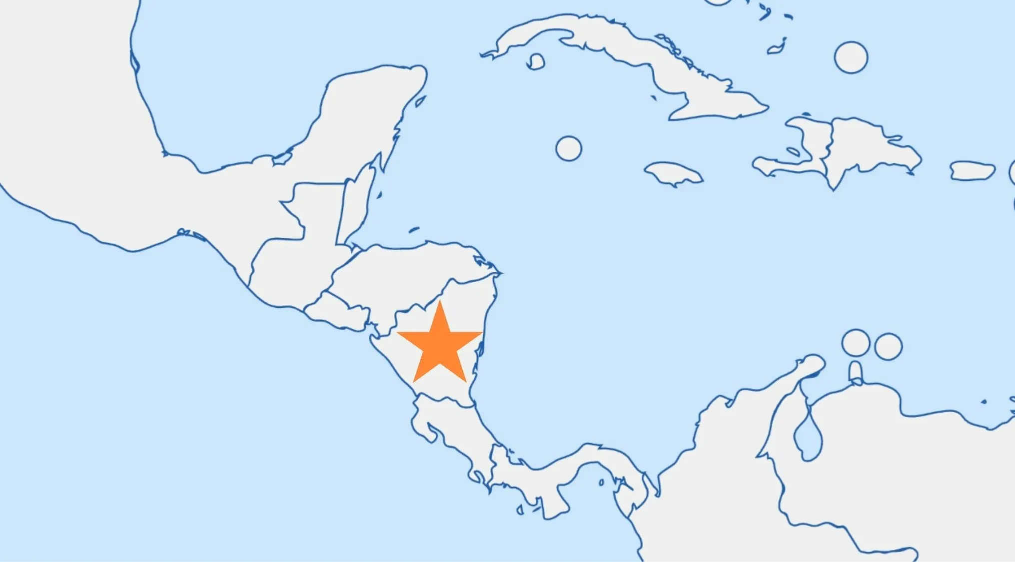 A map of Central America with an orange star highlighting Honduras, showing a geography minefield map.