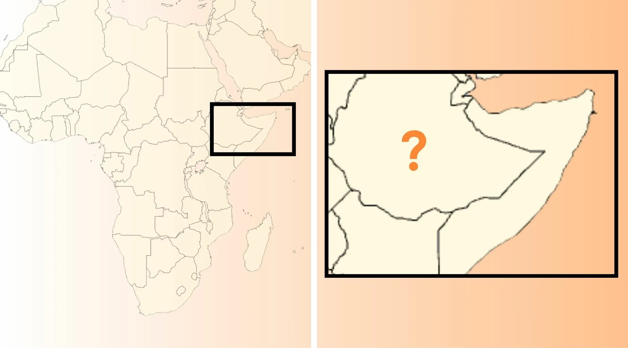A map of Africa with a highlighted region showing the Horn of Africa, as part of a geography minefield map challenge.