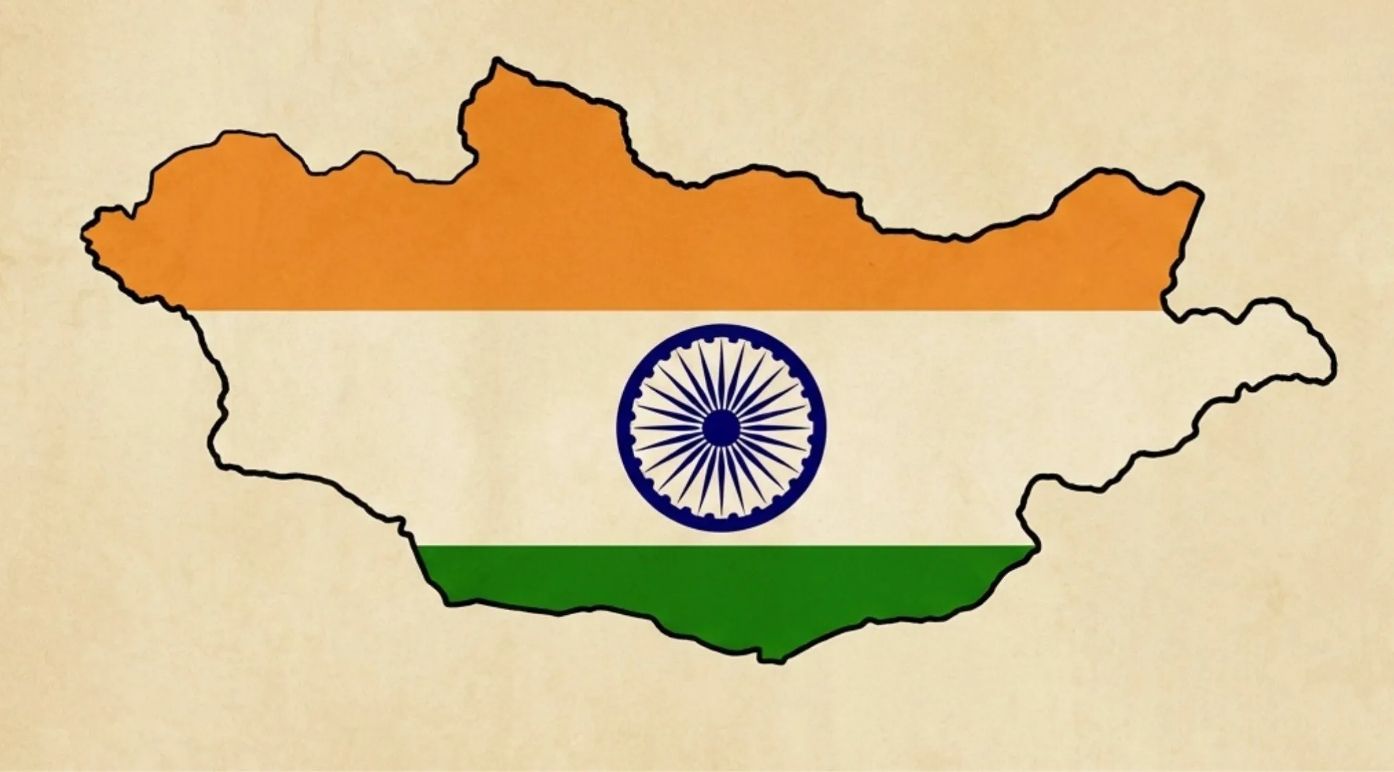 A map of Mongolia with the flag of India overlaid, showcasing a geography minefield map error.