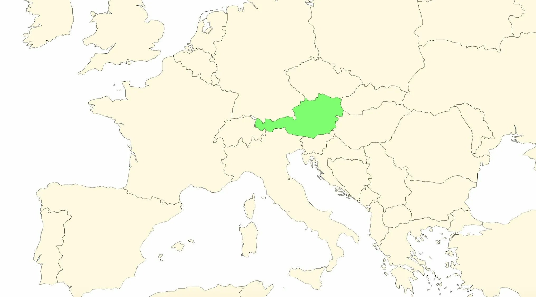 A map of Europe with Austria highlighted in green, part of a geography minefield map challenge.