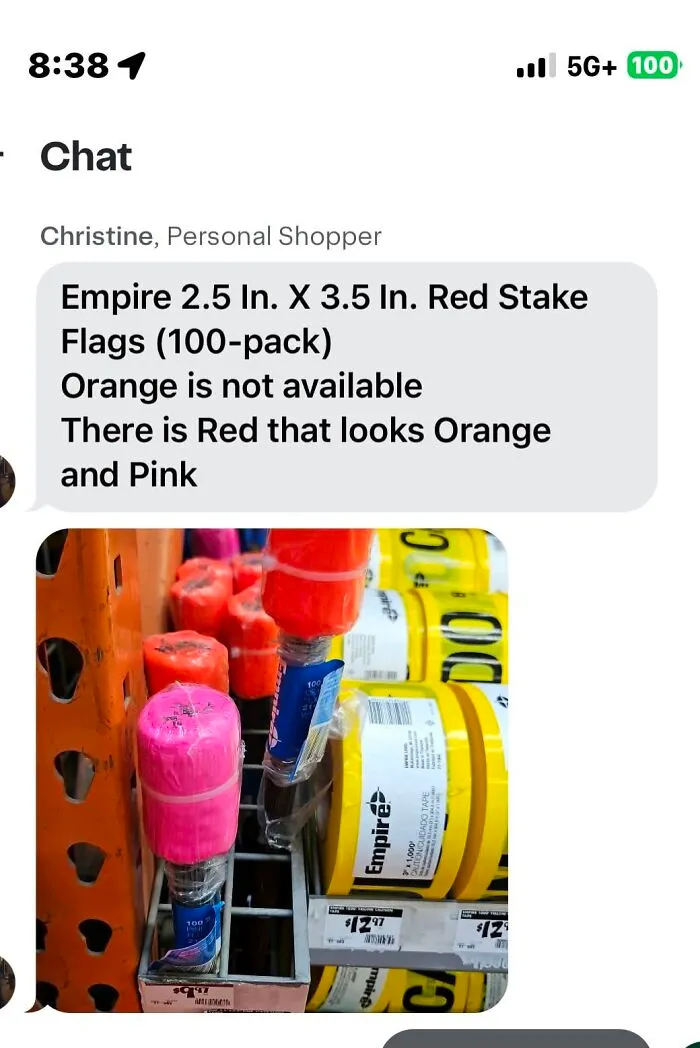 Questionable Instacart shoppers chat offering an orange-looking red stake flag when orange is unavailable.