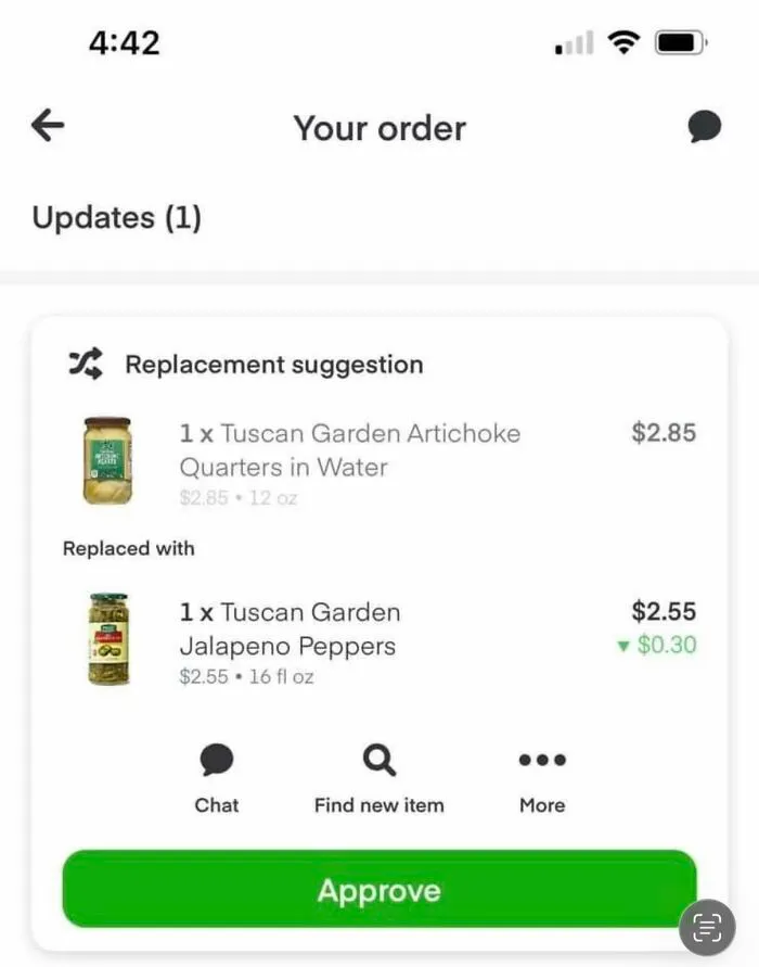 Questionable Instacart shoppers replacing Tuscan Garden Artichoke Quarters with Tuscan Garden Jalapeno Peppers.