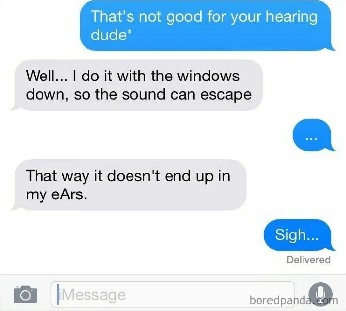 A text message exchange with a dumb person explaining how opening windows prevents sound from reaching their ears.