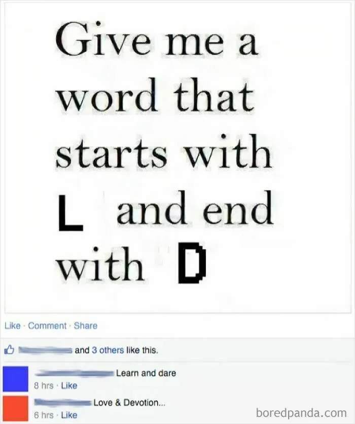 A social media post with a riddle to find a word starting with L and ending with D, showing dumb answers.