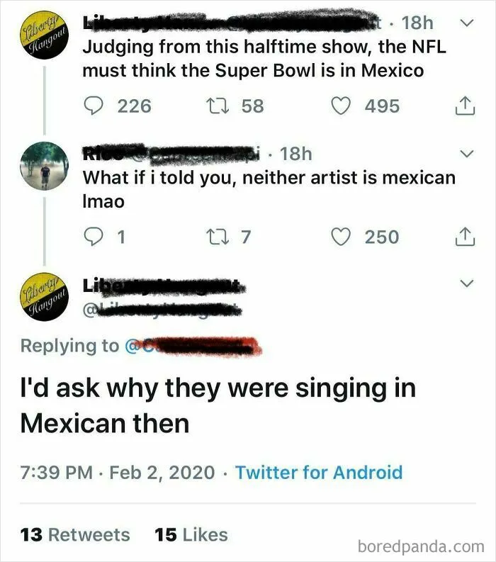 A Twitter conversation showing a dumb person insisting performers are Mexican because of their music.