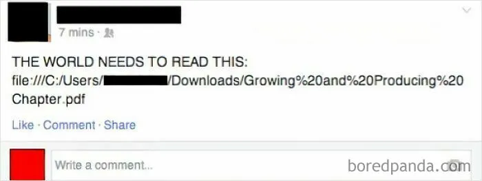 A social media post with a local file path, demonstrating how some people are dumb and unaware of basic internet protocols.