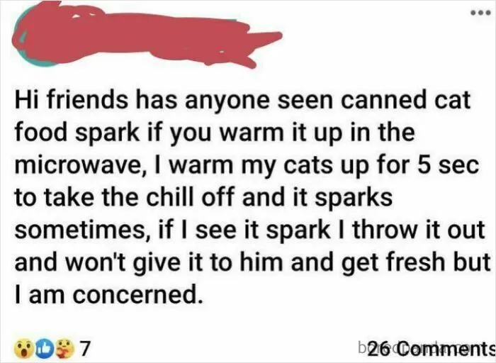 A social media post from a person with dumb concerns about canned cat food sparking in a microwave.
