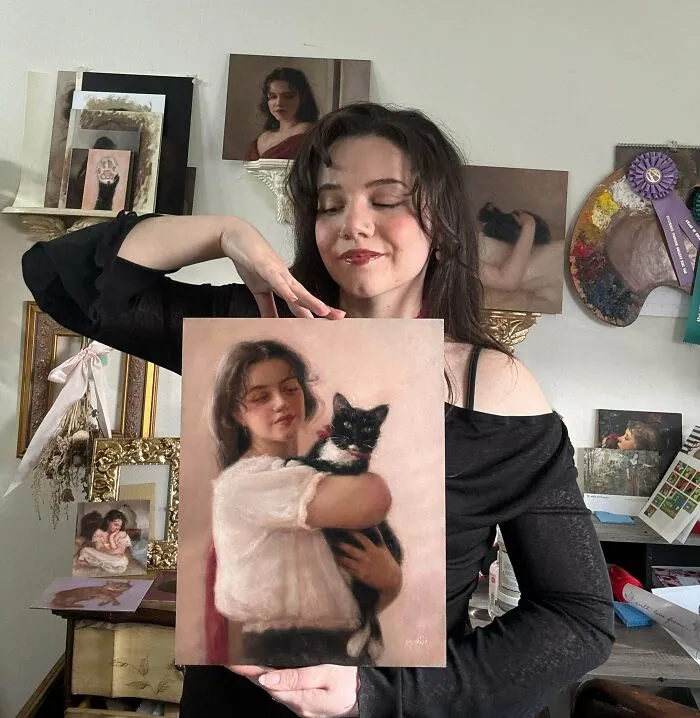 I Was Told By A Man That It’s Sad My Maternal Instincts Were Redirected To My Cat Instead Of A Real Baby. So, I Made This Painting! “Her Mother’s Eyes”, 11x14”, Oil On Panel