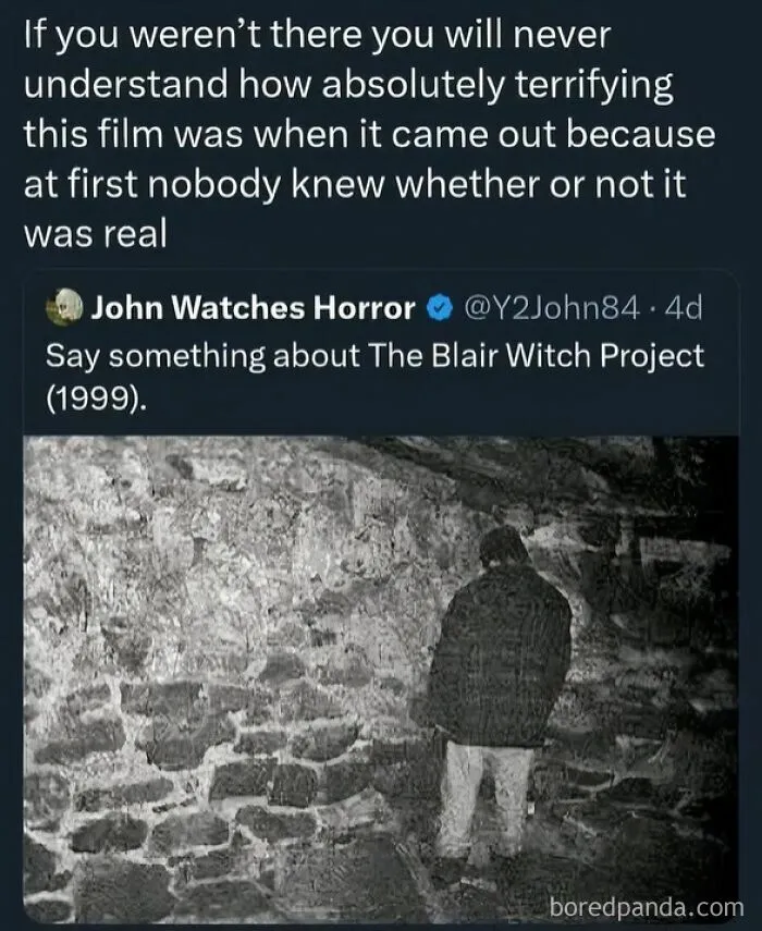 A black and white image of a person facing a stone wall, representing a terrifying scene from The Blair Witch Project, a 90s meme.