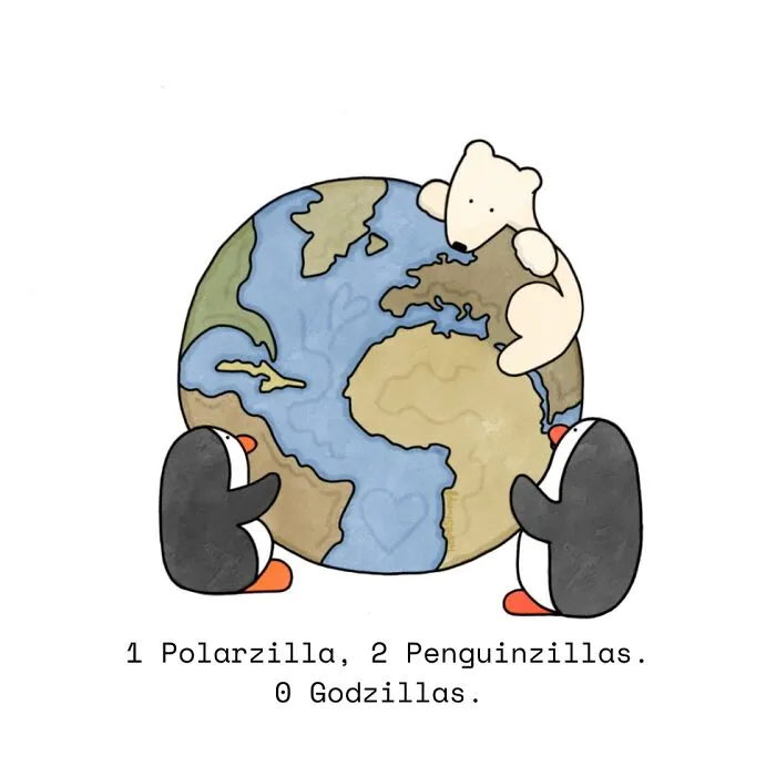 Comic with animals, polar bear and penguins hugging the Earth, a funny and relatable one-panel situation.