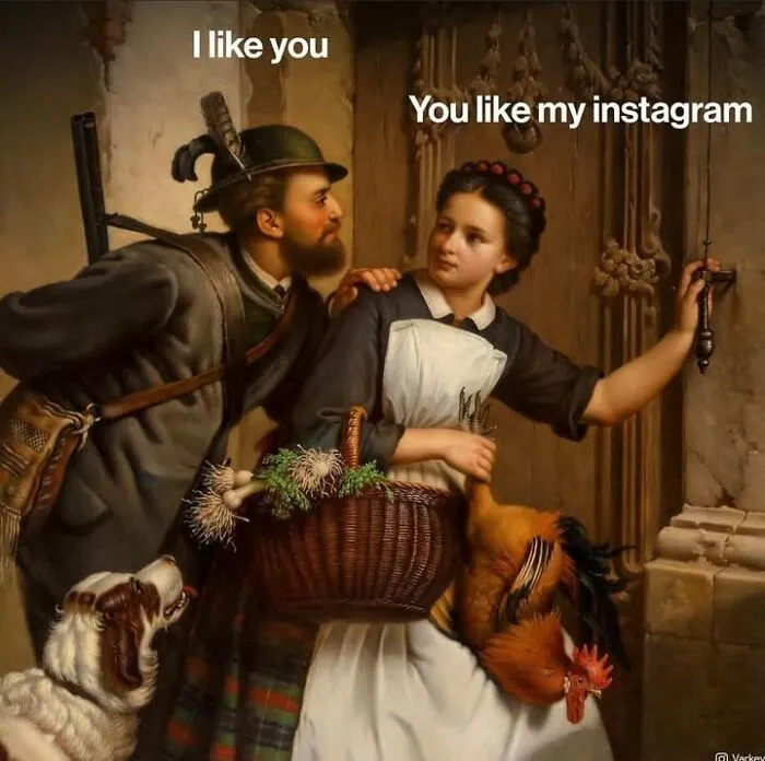 Humorous Varkey edit of classical art, depicting a man and woman with a dog, captioned as a funny modern-day meme about Instagram.
