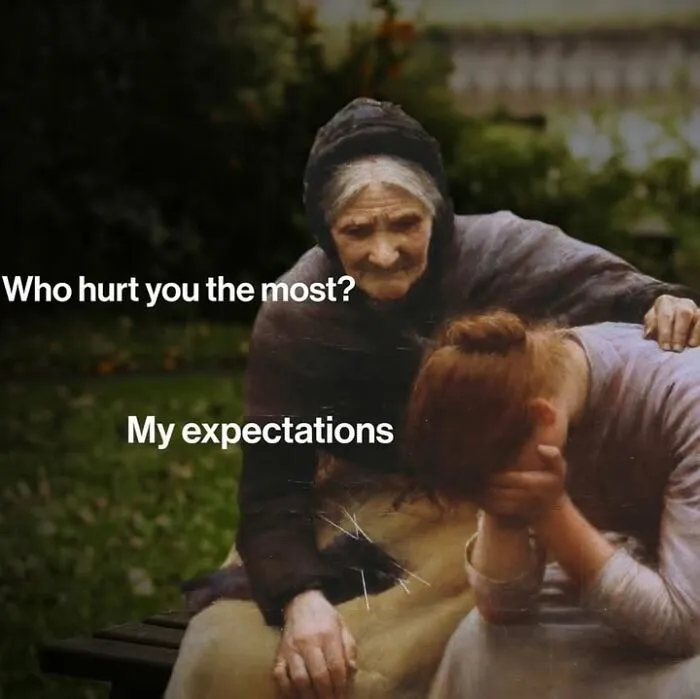 Classical art meme of an older woman comforting a crying younger woman with funny modern day captions.