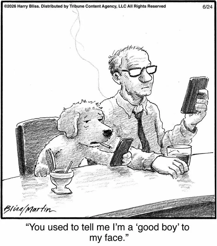 A Harry Bliss dog comic of a man ignoring his dog, who is smoking and also using a phone.