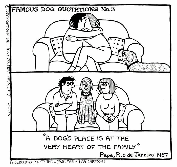 Off The Leash comic: A dog observes a couple hugging, then sits between them on the sofa.