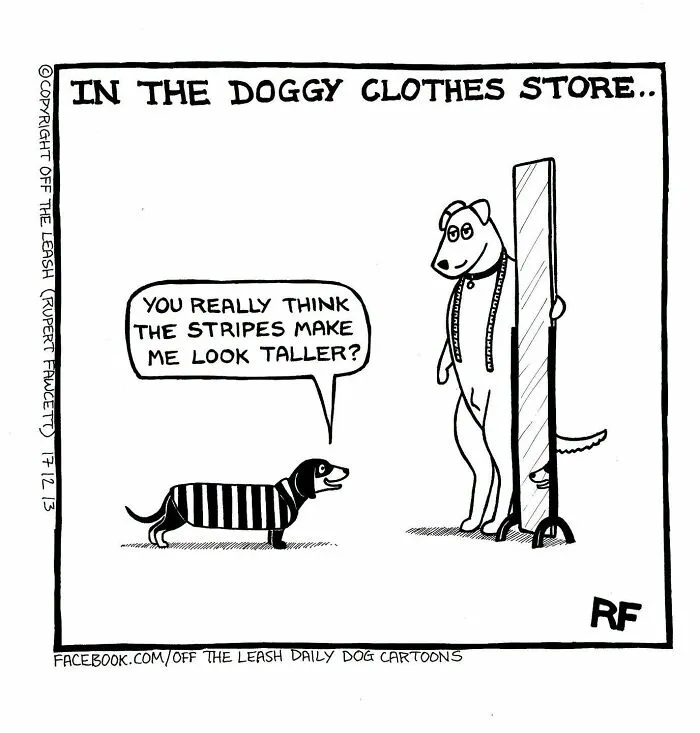 Off The Leash comic: A dog in a striped shirt asks about looking taller in a doggy clothes store, depicting life with dogs.