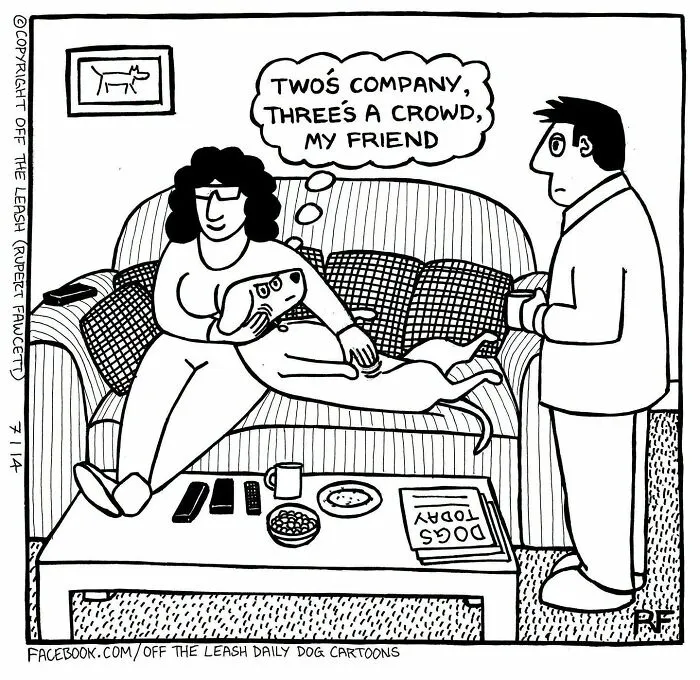 Off The Leash comic: A woman cuddles her dog on a couch, leaving little room for a man, showing life with dogs.
