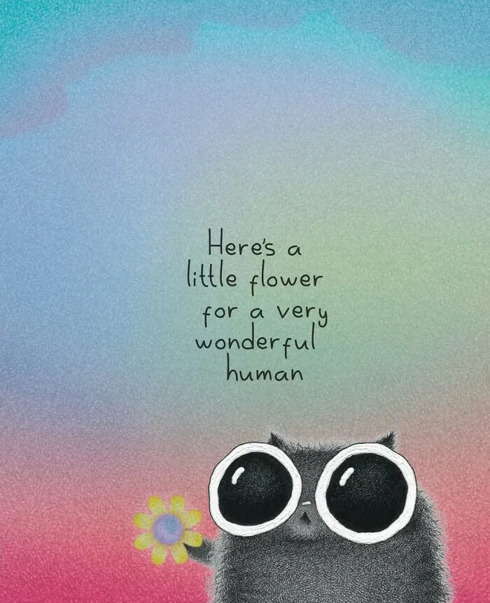 Adorable illustrations showing a fuzzy black cat character with large eyes holding a flower, expressing a sweet message.