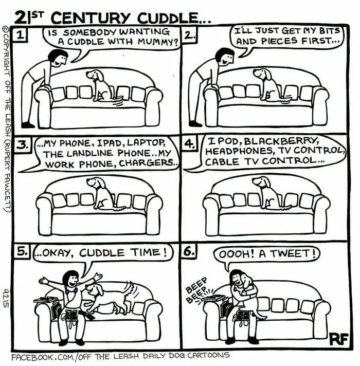 Off The Leash comics illustrating a dog's attempt at cuddling with a human engrossed in gadgets.