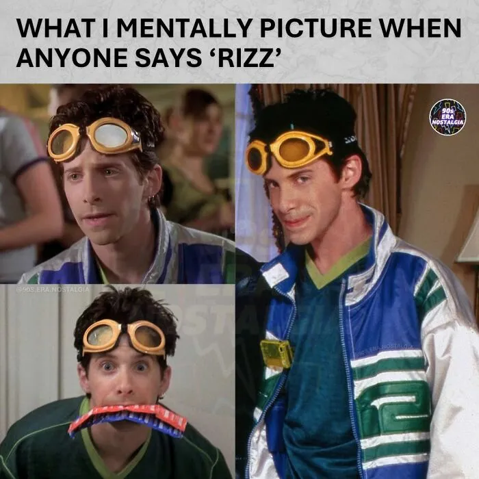 A split image meme featuring a person wearing goggles, depicting 90s memes and humor.