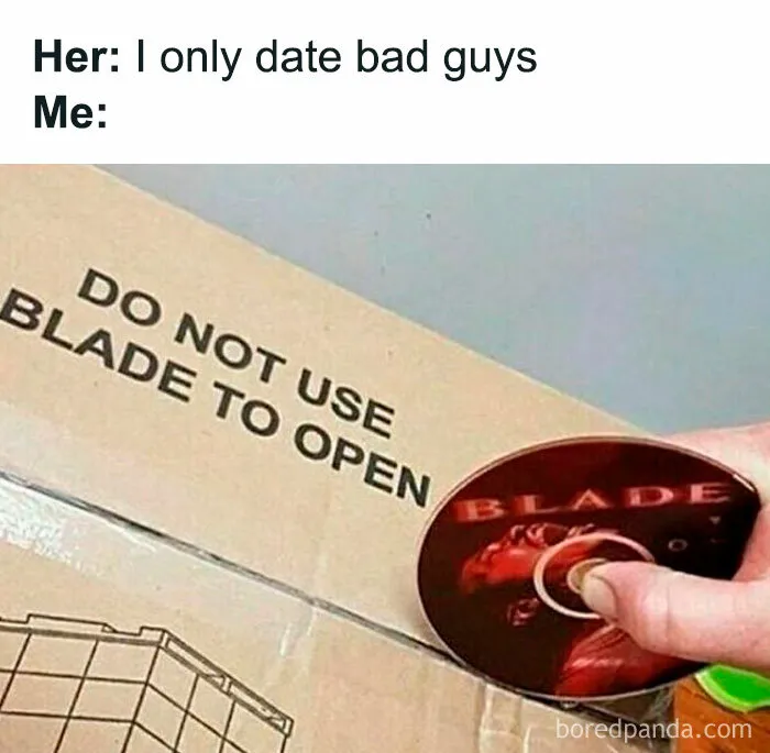A hand uses a Blade DVD to open a box, humorously misinterpreting 'DO NOT USE BLADE TO OPEN' in 90s memes.