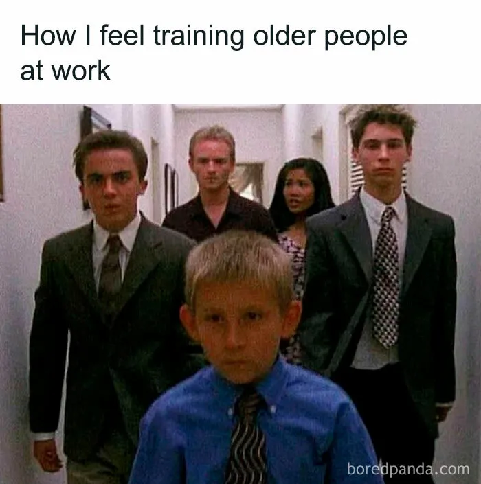 A 90s meme showing characters from Malcolm in the Middle, with the text 'How I feel training older people at work'.