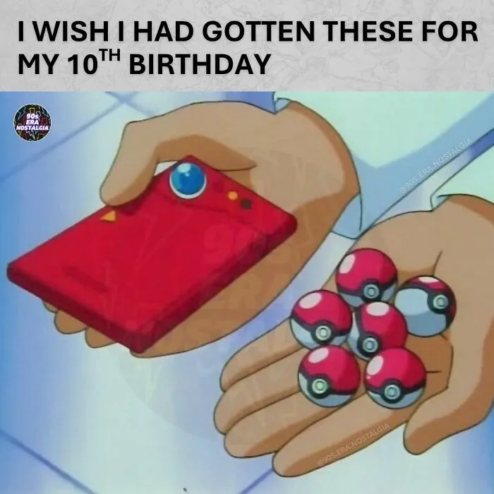 An illustration of hands holding a red game device and several Poké Balls, a funny '90s meme.