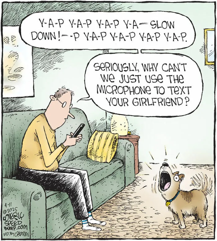 A man looks at his phone while a small dog barks loudly, making a funny dog comic scene.