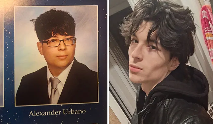 Side-by-side photo of a man's before-and-after look, revealing how people changed for the better over time.