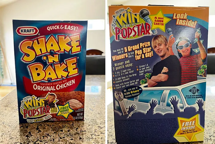 An old box of Kraft Shake n Bake and a box for a pop star contest, products found at home that prove some people never throw anything away.