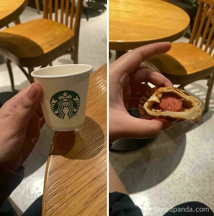 A split image showing a small Starbucks cup on the left and a hand holding a pastry with a hot dog inside on the right, representing wholesome images.