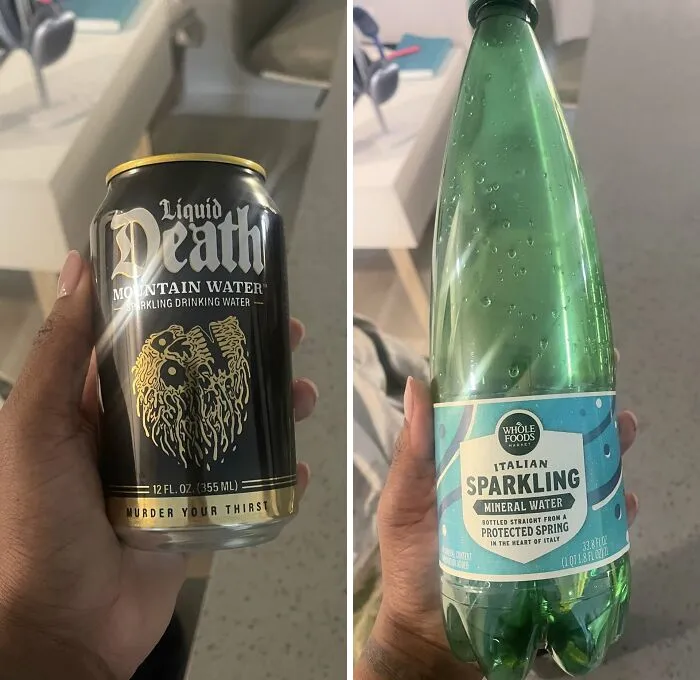 A split image showing a Liquid Death mountain water can and a Whole Foods Italian sparkling mineral water bottle, highlighting questionable Instacart shopper swaps.