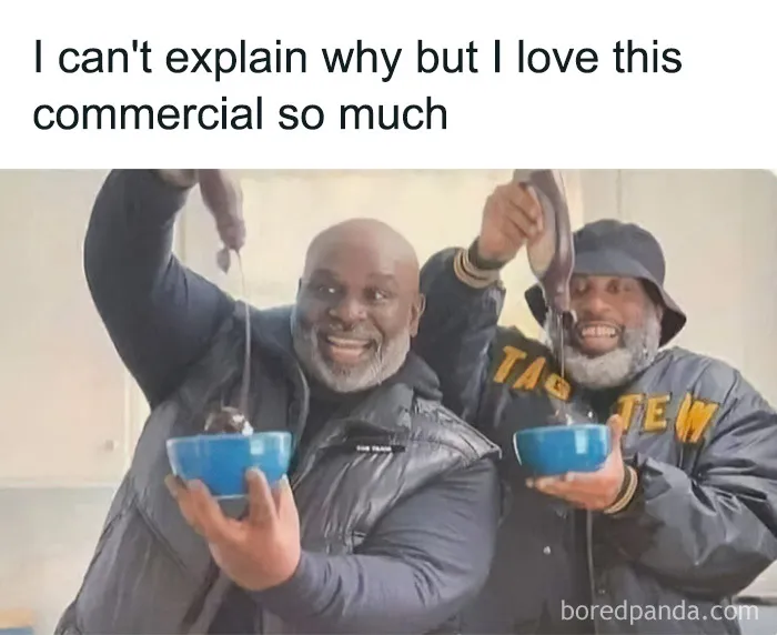 Two smiling Gen X men enthusiastically pouring chocolate syrup over ice cream in a meme.