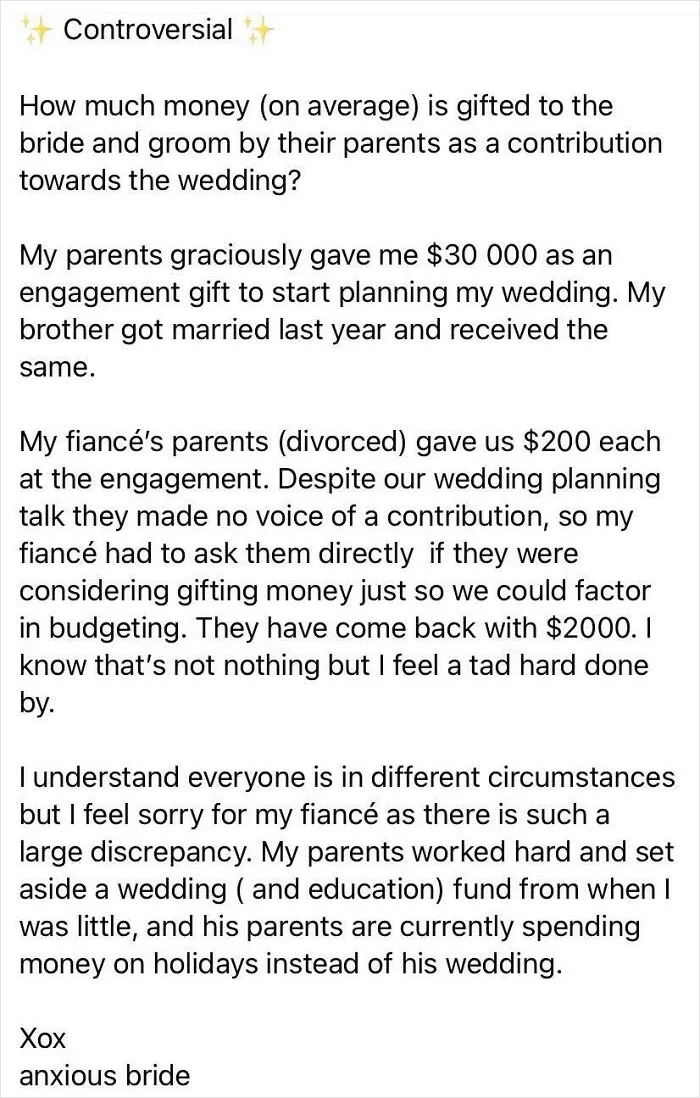 Spare A Thought For This Poor Girl Who Has Been Dealt The Injustice Of Being Gifted A Mere $32,000 For Her Wedding